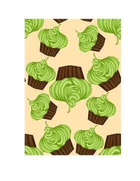 Seamless pattern of appetizing cupcakes with green cream and mint Stock Illustration