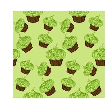 Seamless pattern of appetizing cupcakes with green cream and mint Illustrazione stock