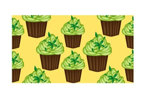 Seamless pattern of appetizing cupcakes with green cream and mint Stock Illustration