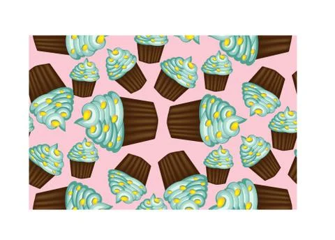 Seamless pattern of appetizing cupcakes with green cream and mint Stock Illustration