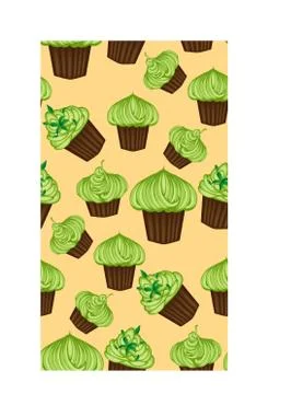 Seamless pattern of appetizing cupcakes with green cream and mint Stock Illustration
