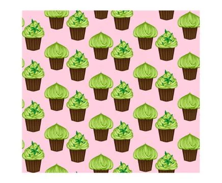 Seamless pattern of appetizing cupcakes with green cream and mint Stock Illustration
