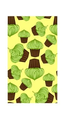 Seamless pattern of appetizing cupcakes with green cream and mint Stock Illustration