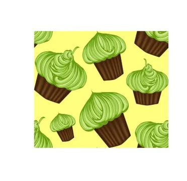 Seamless pattern of appetizing cupcakes with green cream and mint Stock Illustration