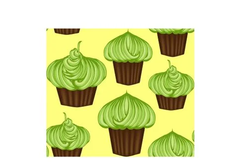 Seamless pattern of appetizing cupcakes with green cream and mint Stock Illustration