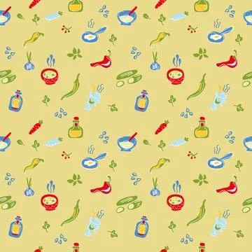 Seamless pattern appetizing food, soup, bowl, scrambled eggs, vegetables\ Stock-Illustration