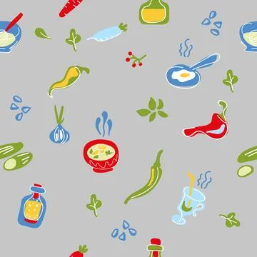 Seamless pattern appetizing food, soup, bowl, scrambled eggs, vegetables Stock-Illustration