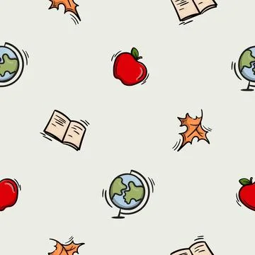 Seamless pattern with apple, autumn leaf, notebook Stock Illustration