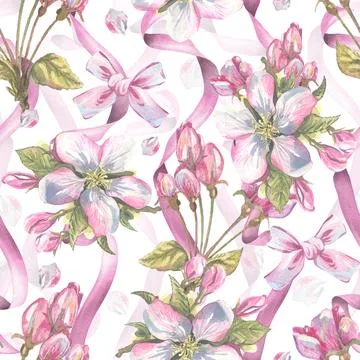 Seamless pattern with apple blossoms and pink ribbons, bows, romantic hand イラスト素材