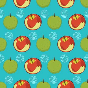 Seamless pattern with apple fruit on blue background with circles Stock Illustration
