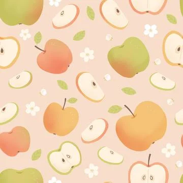 Seamless pattern with apple, half apple, blossom Stock Illustration