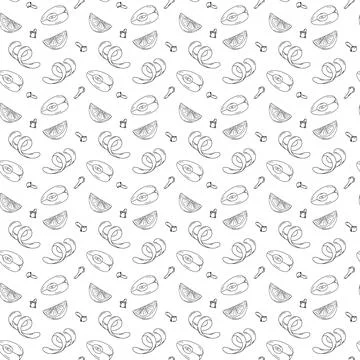 Seamless pattern of Apple, lemon slices and spice Hand drawn line art Winter Stock Illustration
