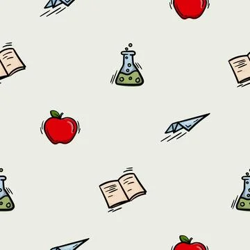 Seamless pattern with apple, paper airplane, flask Stock Illustration