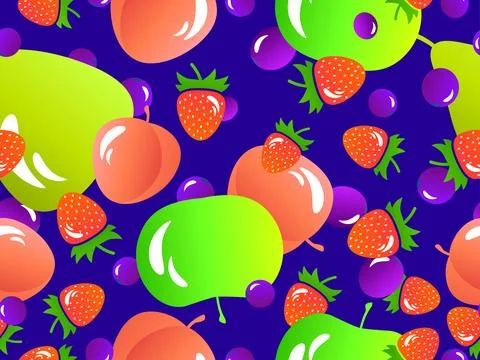 Seamless pattern with apple, peach, strawberry, blueberry, pear. Summer exo.. イラスト素材