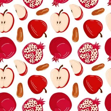 Seamless pattern with apple, pomegranate and dates on white background for Stock Illustration