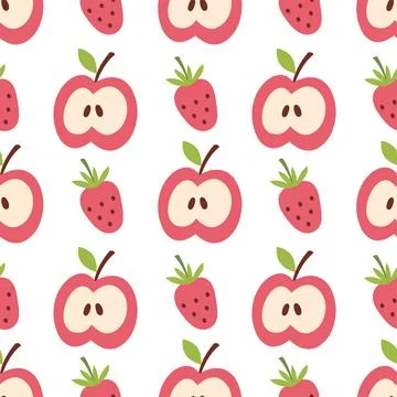 Seamless pattern with apple slice and strawberry in doodle style Stock Illustration