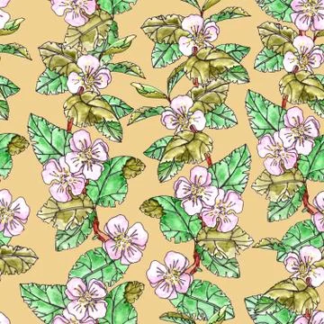 Seamless pattern of apple trees with pink flowers and leaves on a light orang Stock Illustration