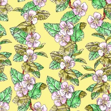 Seamless pattern of apple trees with pink flowers and leaves on a yellow Stock Illustration