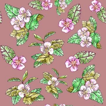Seamless pattern of apple trees with pink flowers and leaves on a dark pink Illustrazione stock