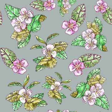 Seamless pattern of apple trees with pink flowers and leaves on a light grey Stock Illustration