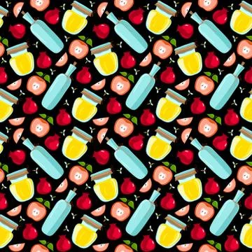 Seamless pattern with apples and honey. Rosh Hashanah, Shana Tova. Vector Stock Illustration