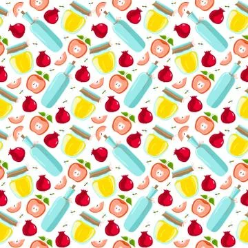 Seamless pattern with apples and honey. Rosh Hashanah, Shana Tova. Vector Stock Illustration