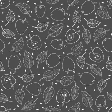 Seamless pattern of Apples and leaves on gray background. Black and white Stock Illustration