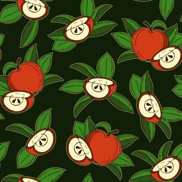 Seamless pattern with apples, apple slices, leaves on dark background Stock Illustration
