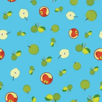 Seamless pattern with apples on blue background Stock Illustration