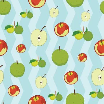 Seamless pattern with apples on blue chevron background Stock Illustration