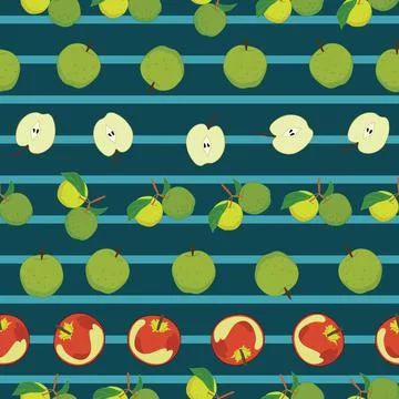 Seamless pattern with apples on dark green background with stripes Stock Illustration