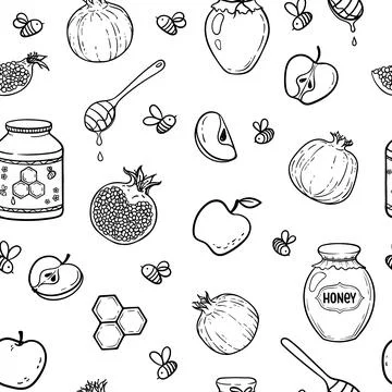 Seamless pattern apples, honey, pomegranate. Jewish holiday. Happy new year.. Stock Illustration