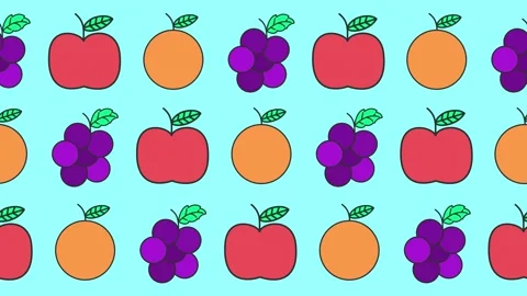 Seamless pattern with apples, oranges, and grapes on an abstract background anim Video stock 330466917