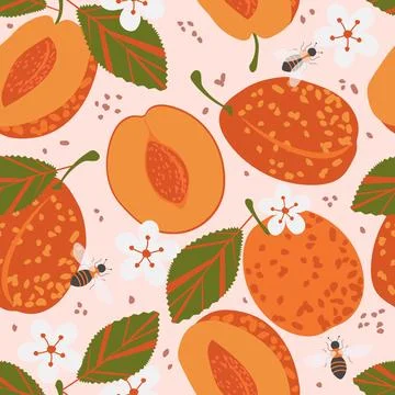 A seamless pattern with apricots and bees on blossoming fruits. Vector.	 Illustrazione stock