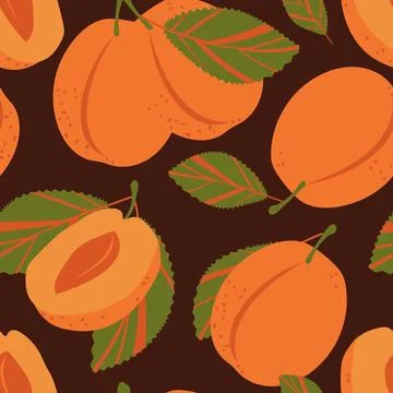 Seamless pattern with apricots and leaves on a dark background. Vector.	 Stock Illustration