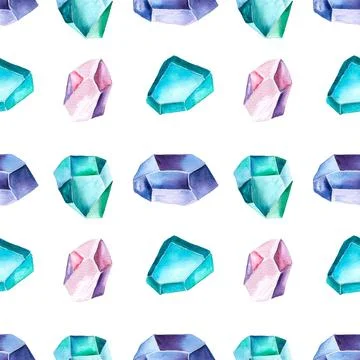 Seamless pattern of aquamarine, amethyst, fluorine and quartz watercolor Stock Illustration