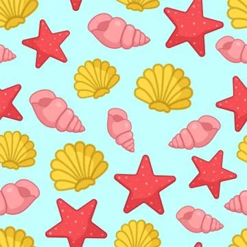 Seamless pattern with aquatic nautical shellfish, coral stars, shell, mollusk Stock Illustration