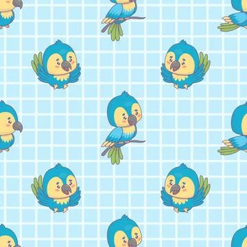 Seamless pattern with Ara parrot on blue checkered background. Funny cartoo.. Stock Illustration