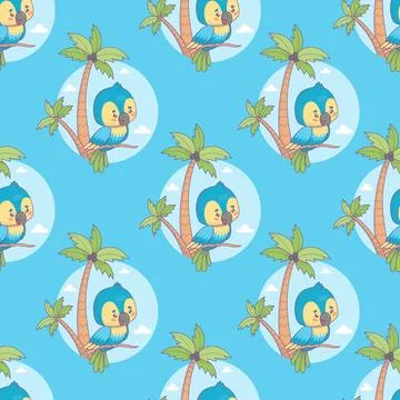 Seamless pattern with Ara parrot with tropical palm trees on blue backgroun.. Stock Illustration