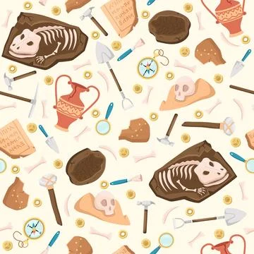Seamless pattern with archaeological digs. Old antique vase, animal skeletons 스톡 일러스트