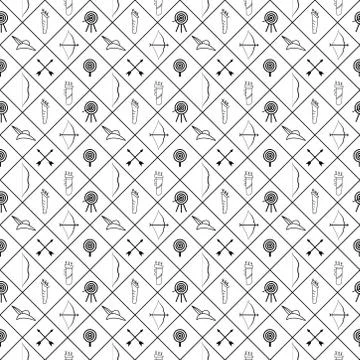 Seamless pattern of archery equipments like bow and arrow, arrow, bow, quiver Stock Illustration