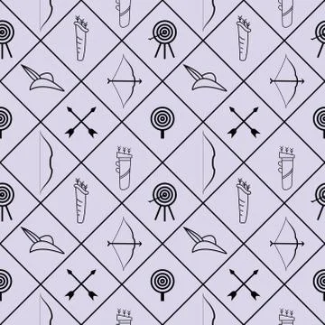 Seamless pattern of archery equipments like bow and arrow, arrow, bow, quiver Stock Illustration