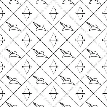 Seamless pattern of archery equipments like bow and arrow and cap pattern on  Stock Illustration