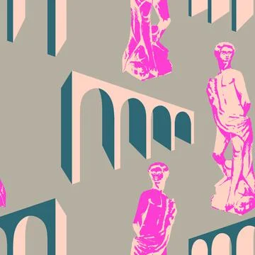 Seamless pattern of arches in perspective antique statues イラスト素材