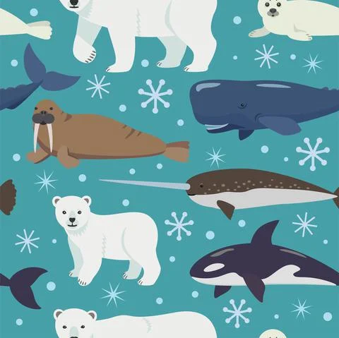 Seamless pattern with arctic animals. Vector cartoon illustration of polar bear 스톡 일러스트