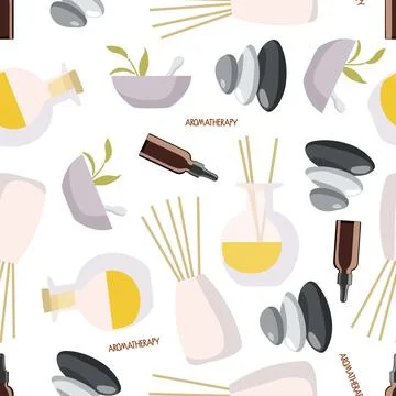 Seamless pattern with Aroma diffusers, essential oil in bottle, herbs in mortar Illustration