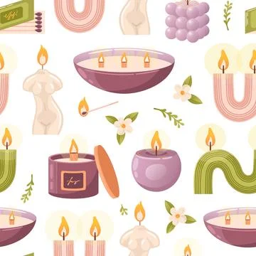Seamless pattern of aromatic burning soy candles. In a glass with a wooden wick イラスト素材
