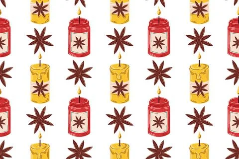 Seamless pattern with aromatic candle and star anise in flat style. Perfect for Stock Illustration