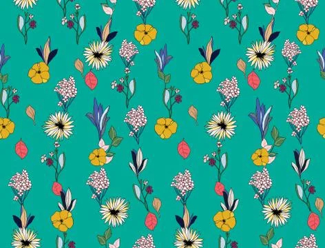 Seamless pattern with arrangement flowers on green background. Patch for fabric Stock Illustration