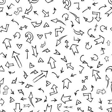Seamless pattern arrows hand drawn wavy and curved pointers with swirls on .. Stock Illustration